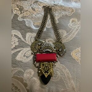 bebe Gold-Tone Necklace with Bright Pink Center Stone and Pearl Accents